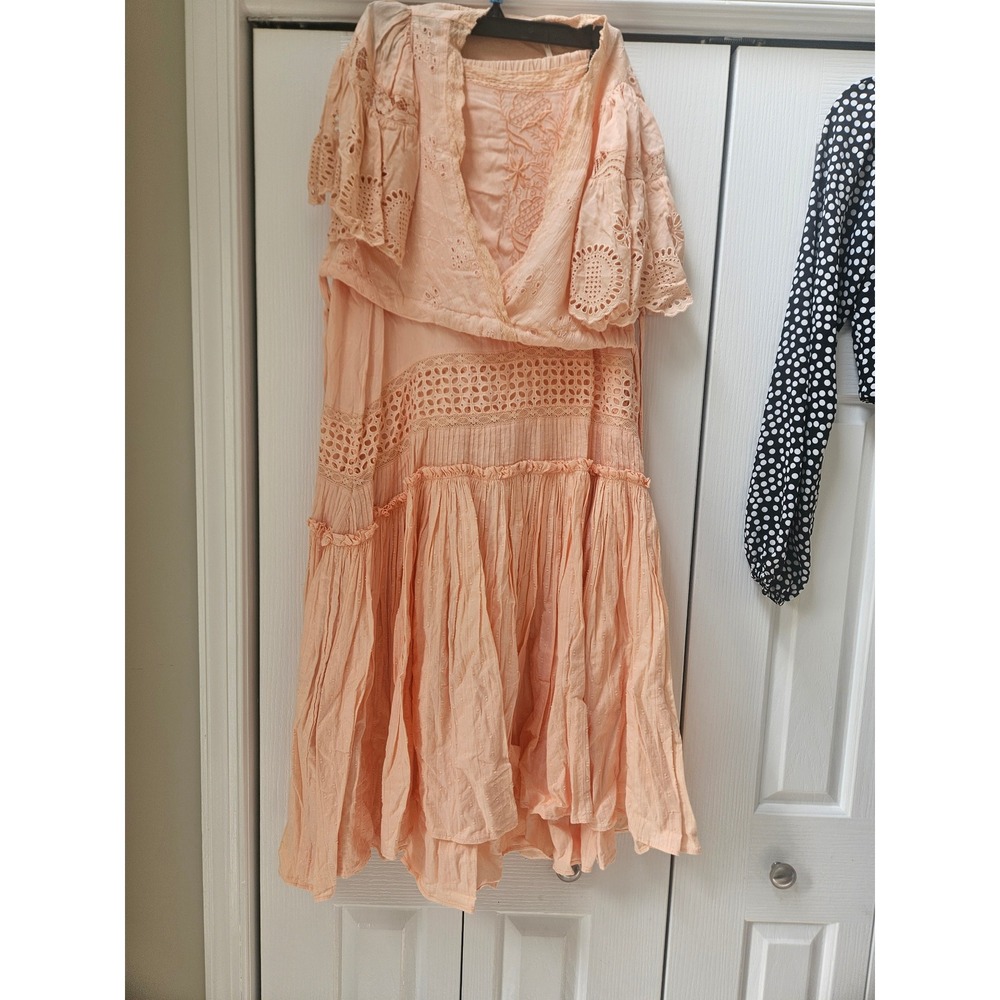 Free People Peach Eyelet Lace Midi Dress V-Neck Flutter Sleeve Boho Peach Small